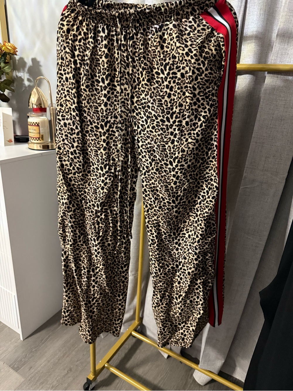 Leopard Print Wide-Leg Pants with Red Side Stripe - Picture 2 of 5